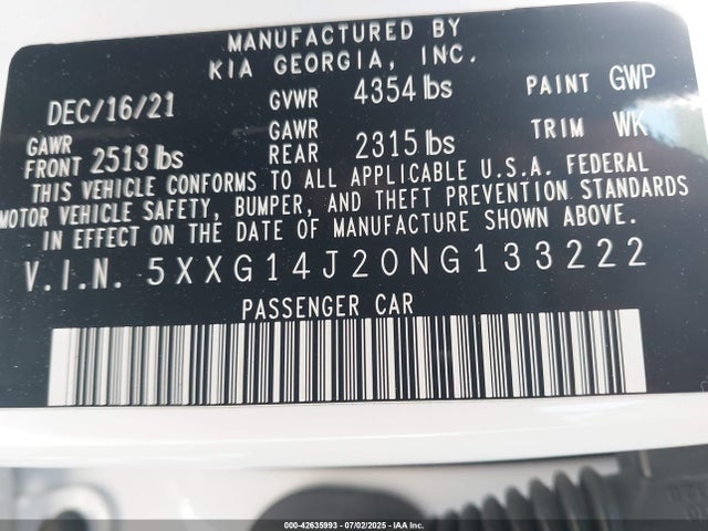 5XXG14J20NG133222 KIA t-gdi gamma ii