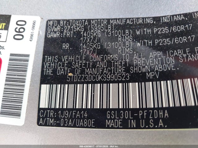 5TDZZ3DC0KS990523 Toyota 2gr-fks