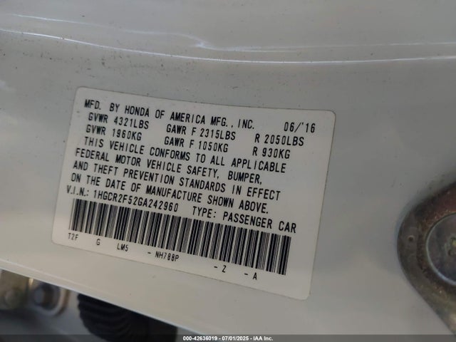 1HGCR2F52GA242960 Honda k24w1