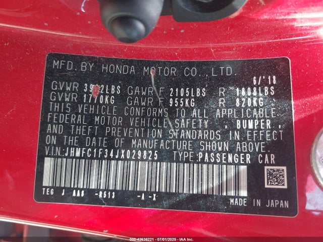 Aukcja sprzedaży 2018 Honda Civic Ex-t, vin: JHMFC1F34JX029825, numer aukcji: 42636221