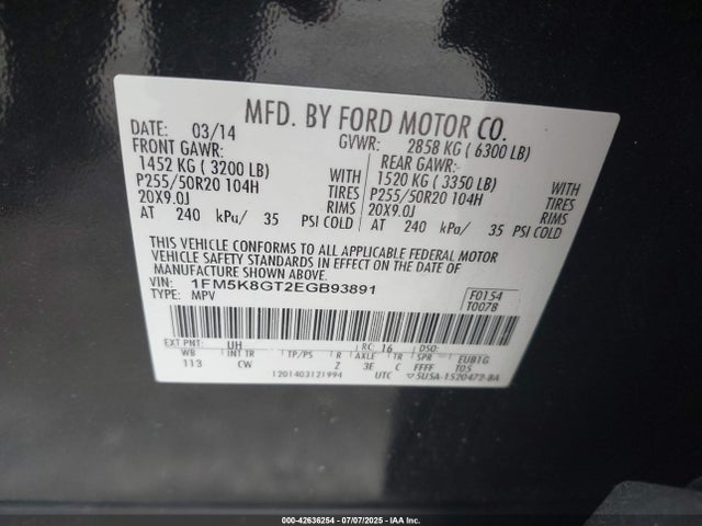 1FM5K8GT2EGB93891 Ford 2014