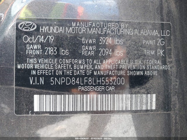 5NPD84LF8LH553200 Hyundai mpi nu