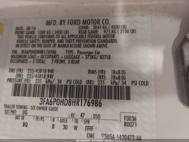 2017 FORD FUSION 3FA6P0HD8HR176986 Photo 8