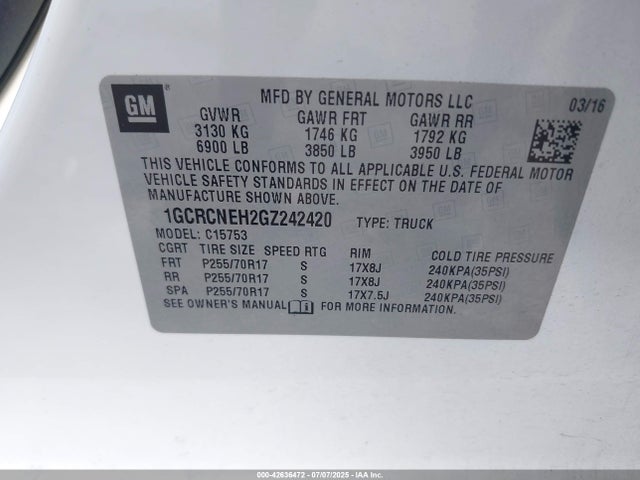1GCRCNEH2GZ242420 Chevrolet lv3 - sidi, vvt, aluminum, e85 max