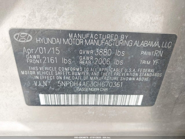 5NPDH4AE3GH670361 Hyundai dohc mpi nu