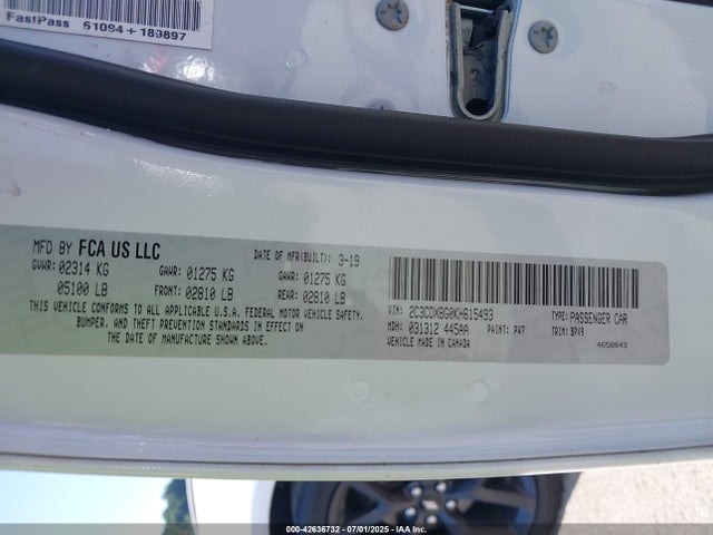 Продажа на аукционе авто 2019 Dodge Charger Sxt Rwd, vin: 2C3CDXBG0KH615493, номер лота: 42636732