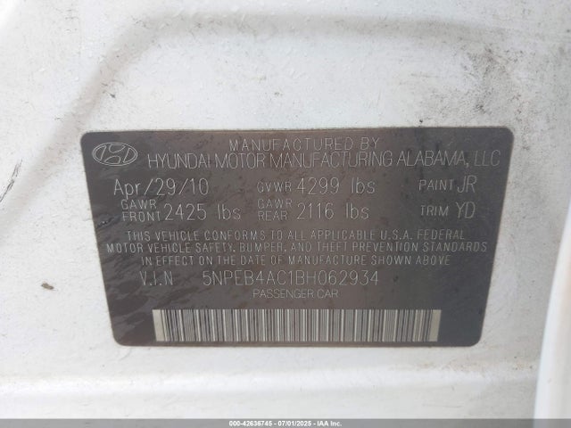 42636745 :رقم المزاد ، 5NPEB4AC1BH062934 vin ، 2011 Hyundai Sonata Gls مزاد بيع