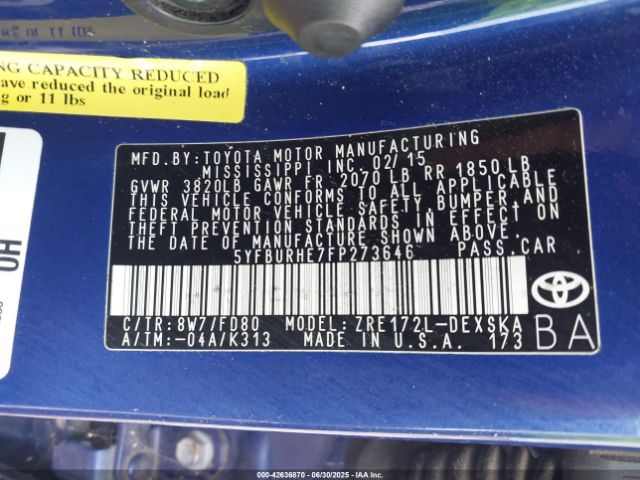 2015 TOYOTA COROLLA 5YFBURHE7FP273646 Photo 8