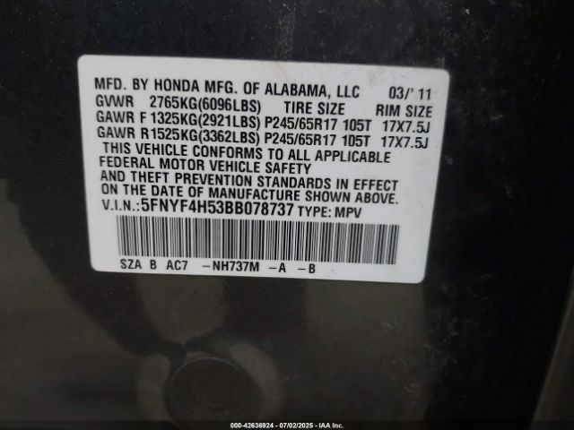 2011 HONDA PILOT 5FNYF4H53BB078737 Photo 8
