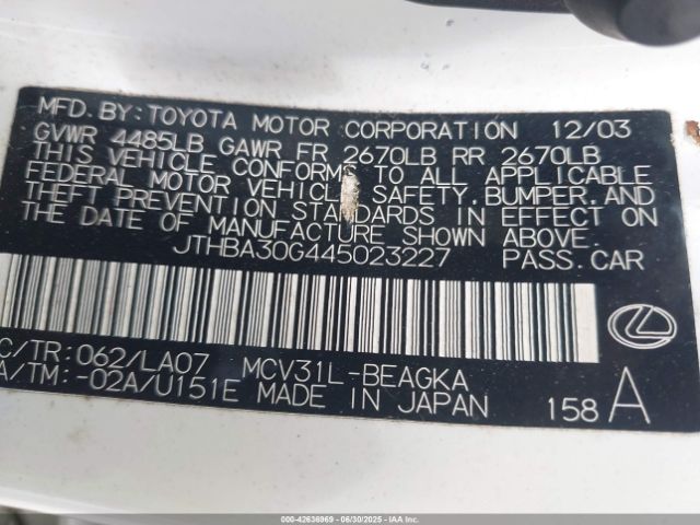 2004 LEXUS ES 330 JTHBA30G445023227 Photo 8