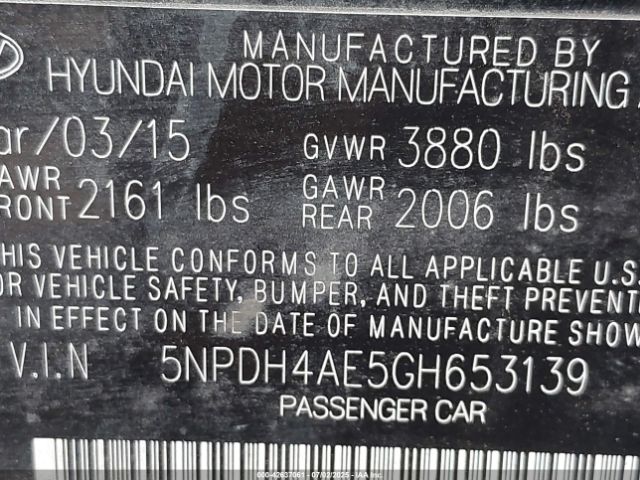 5NPDH4AE5GH653139 Hyundai dohc mpi nu