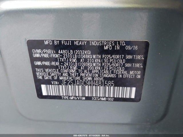 Subaru naturally aspirated u5 2017 JF2SJAGC9HH481585 Image 9