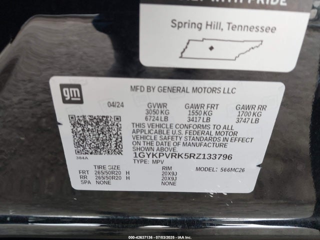 1GYKPVRK5RZ133796 Cadillac x0d + ec6