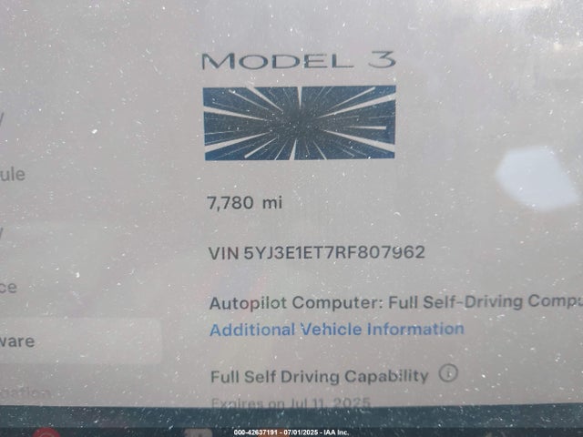 5YJ3E1ET7RF807962 Tesla MODEL 3