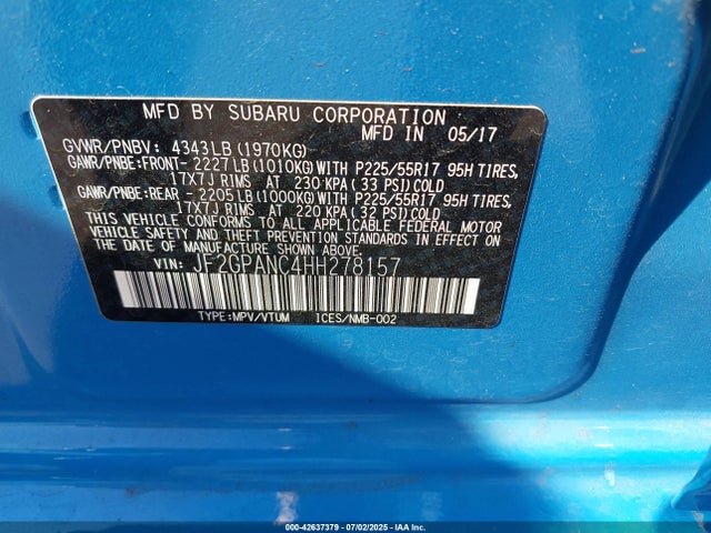JF2GPANC4HH278157 Subaru naturally aspirated