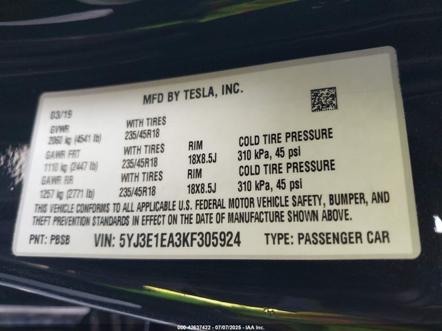 Tesla MODEL 3 2019 5YJ3E1EA3KF305924 Image 9