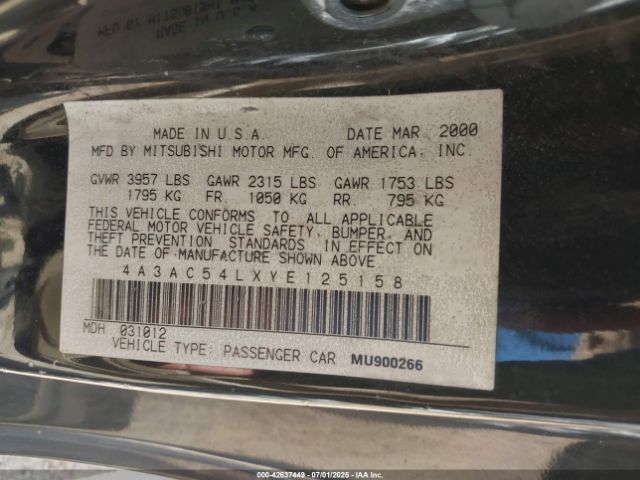 2000 MITSUBISHI ECLIPSE 4A3AC54LXYE125158 Photo 8