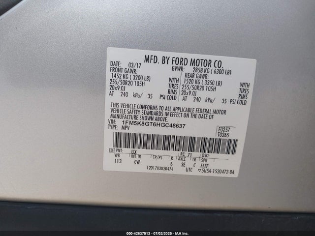 1FM5K8GT6HGC48637 Ford 3.5l gtdi
