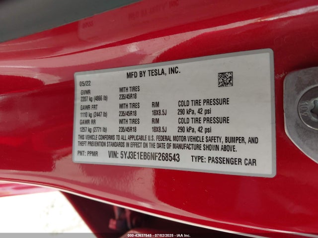 2022 TESLA MODEL 3 5YJ3E1EB6NF268543 Photo 8