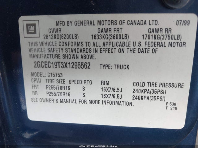 1999 Chevrolet Silverado 1500 Ls მანქანა იყიდება აუქციონზე, vin: 2GCEC19T3X1295562, აუქციონის ნომერი: 42637558