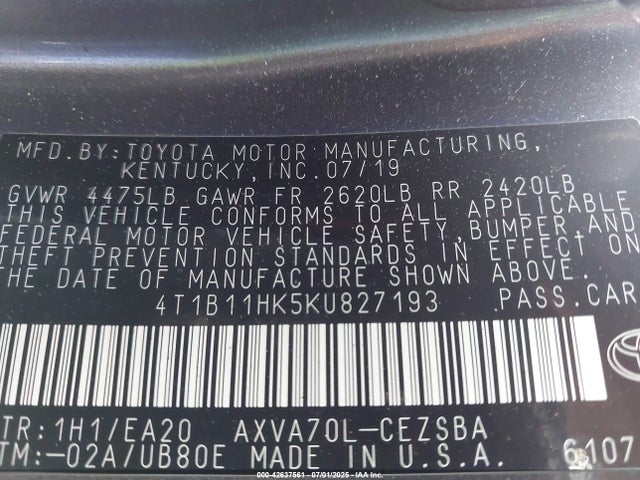 Aukcja sprzedaży 2019 Toyota Camry Se, vin: 4T1B11HK5KU827193, numer aukcji: 42637561