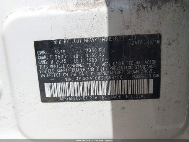 Subaru 2.5l u5 2016 4S3BNAF68G3058460 Image 9
