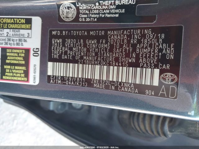 2019 TOYOTA COROLLA 2T1BURHE0KC184415 Photo 8
