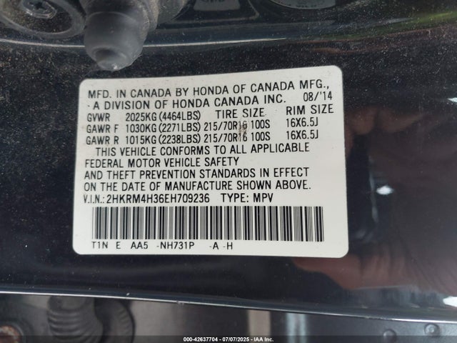 Honda k24z7 2014 2HKRM4H36EH709236 Image 9