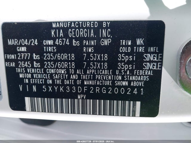 5XYK33DF2RG200241 KIA gdi theta iii