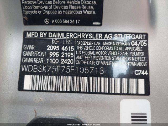 2005 MERCEDES-BENZ SL 500 WDBSK75F75F105713 Photo 8