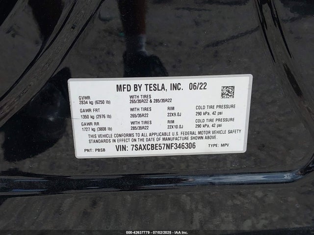 2022 TESLA MODEL X 7SAXCBE57NF346306 Photo 8
