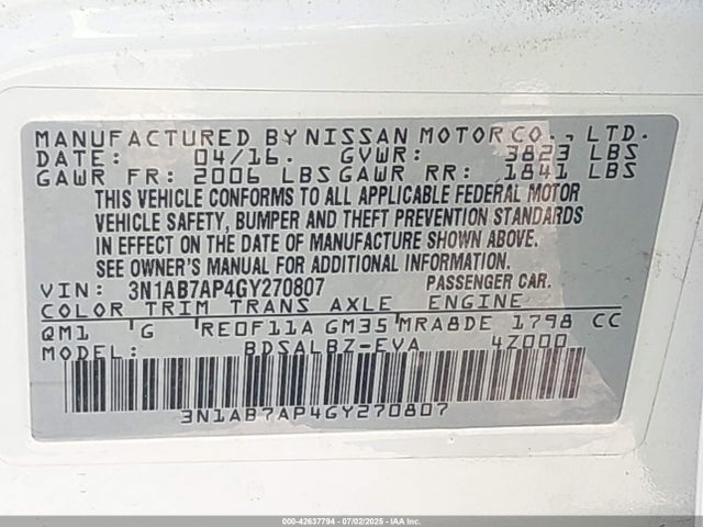3N1AB7AP4GY270807 Nissan 2016