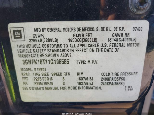 2001 CHEVROLET SUBURBAN 1500 3GNFK16T11G106585 Photo 8