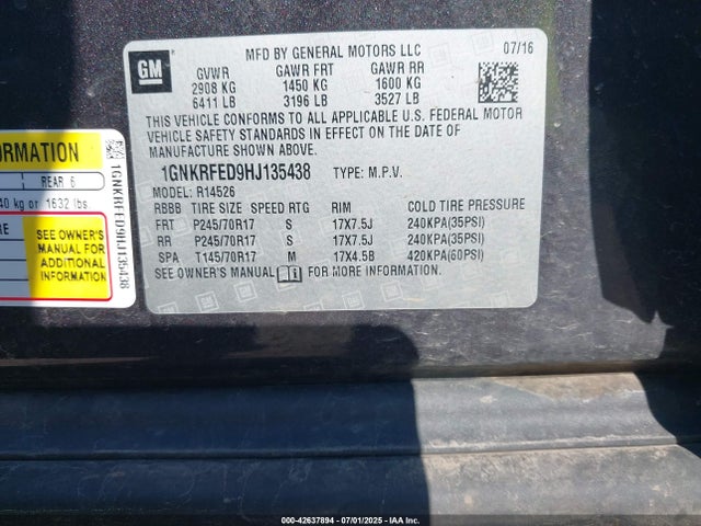 1GNKRFED9HJ135438 Chevrolet llt - sidi: spark ignited direct injection, alum, 60 degrees