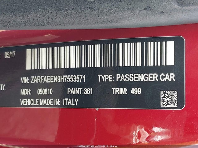ZARFAEEN9H7553571 Alfa Romeo 2017