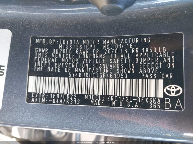 5YFBURHE1GP461953 Toyota 2zr-fe