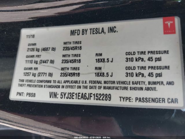 2018 TESLA MODEL 3 5YJ3E1EA6JF152289 Photo 8