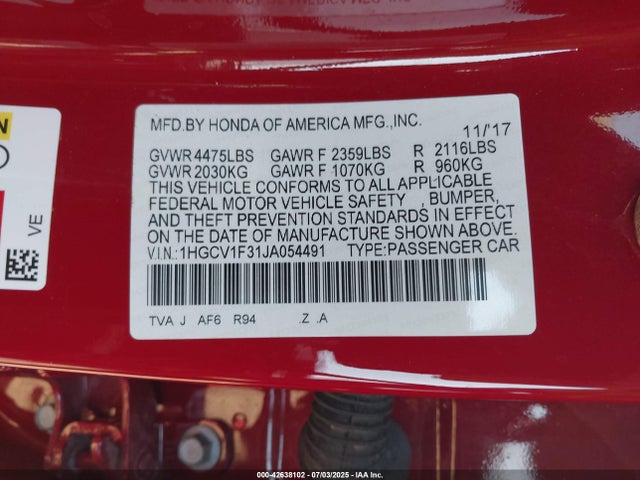 1HGCV1F31JA054491 Honda l15be