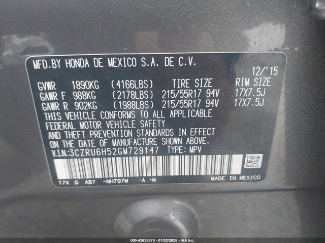 3CZRU6H52GM729147 Honda r18z9