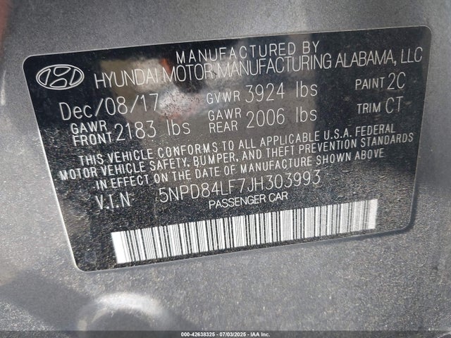 5NPD84LF7JH303993 Hyundai mpi nu
