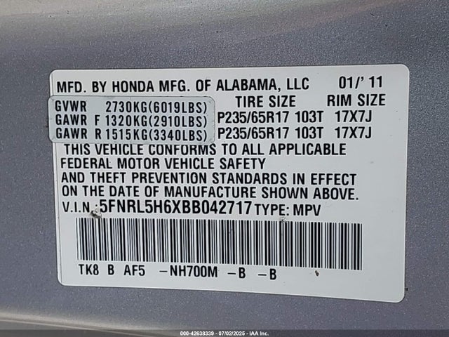 42638339 :رقم المزاد ، 5FNRL5H6XBB042717 vin ، 2011 Honda Odyssey Ex-l مزاد بيع
