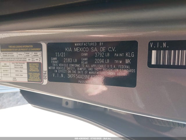 3KPF54AD9NE429639 KIA mpi nu