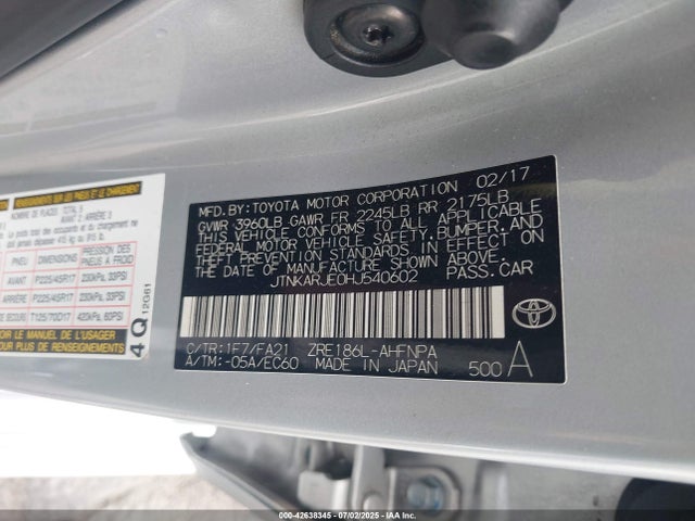 JTNKARJE0HJ540602 Toyota 2zr-fae