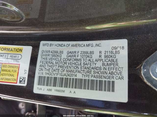 1HGCV1F10JA242014 Honda l15be
