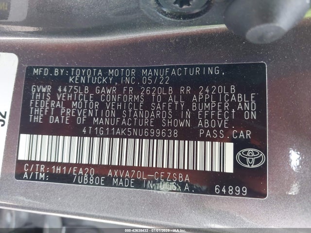4T1G11AK5NU699638 Toyota a25a-fks