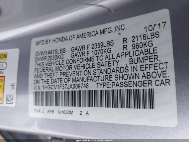 1HGCV1F37JA009748 Honda l15be