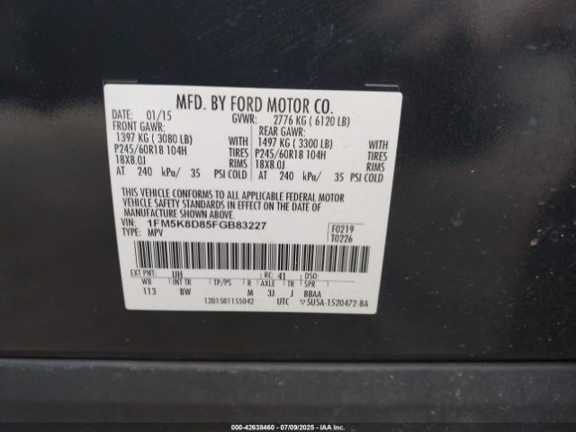 2015 FORD EXPLORER 1FM5K8D85FGB83227 Photo 8