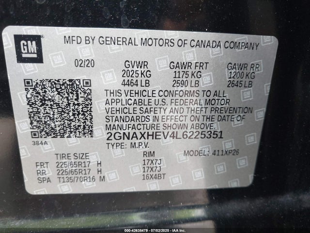 Продажа на аукционе авто 2020 Chevrolet Equinox Fwd Ls, vin: 2GNAXHEV4L6225351, номер лота: 42638479
