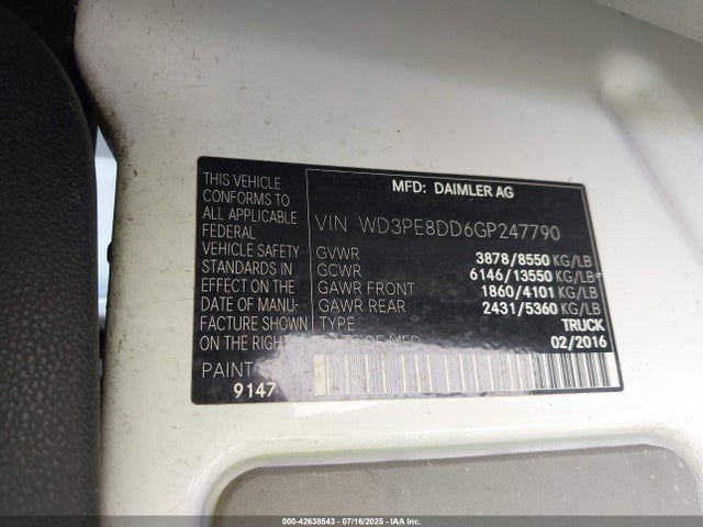 Продаж на аукціоні авто 2016 Mercedes-benz Sprinter 2500 High  Roof/high Roof, vin: WD3PE8DD6GP247790, номер лоту: 42638543