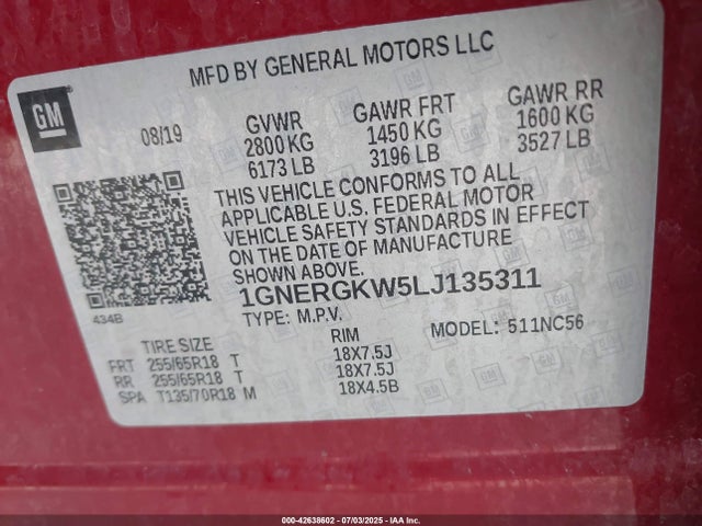1GNERGKW5LJ135311 Chevrolet lfy - spark ignited direct injection, atss, gen 1